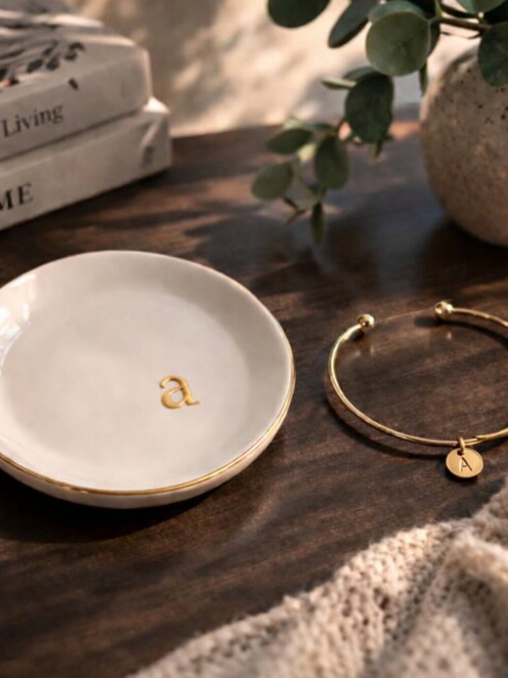 Letter A | Ceramic Jewelry Tray or Trinket Dish AND Letter A Gold Bracelet